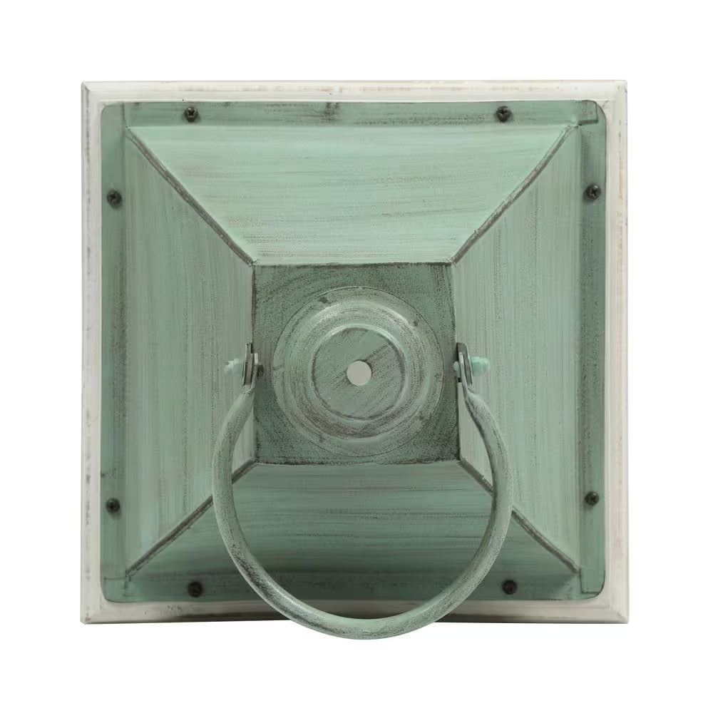 Coastal Handcrafted Mango Wood Decorative Lantern, White Wash/Green Pat