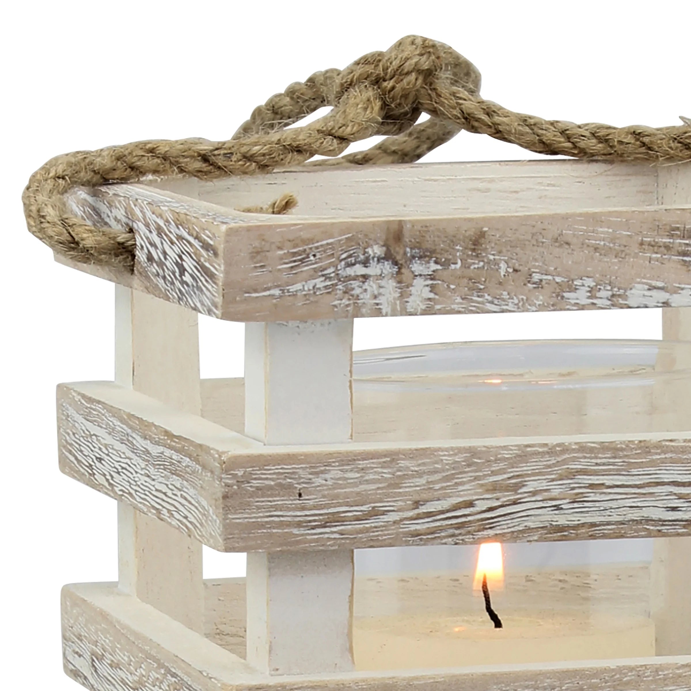 Stonebriar Indoor 6" Coastal Wood Candle Holder with Removable Glass Cylinder, Off-White