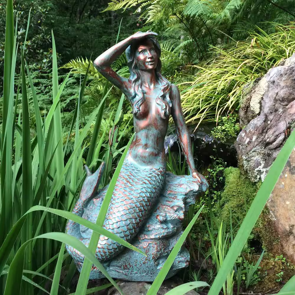 22 In. Classic Mermaid Bronze Patina Sitting on Coastal Rock Beach Collectible Statue