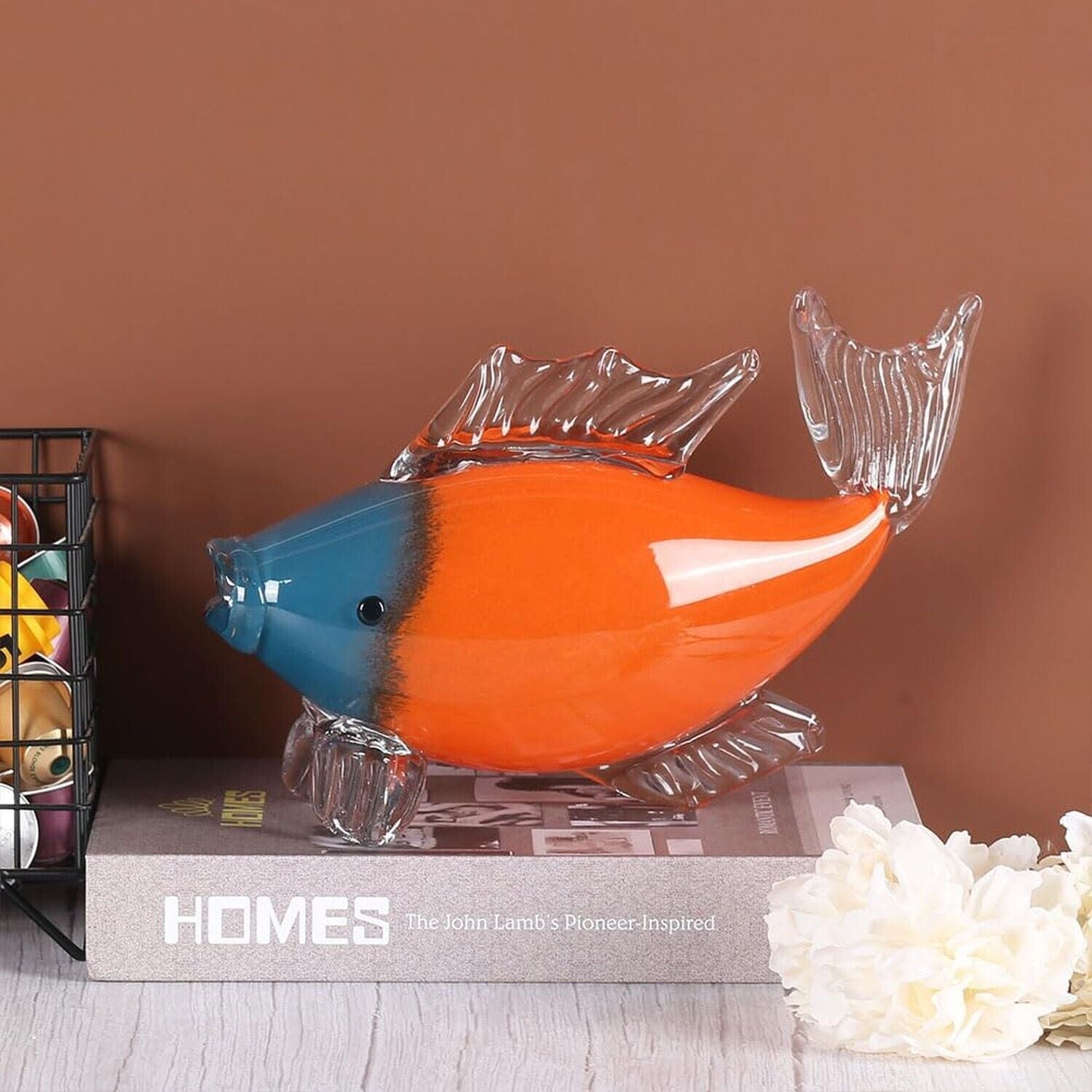 Handcrafted Glass Fish Sculpture - Transparent with Blue and Orange Accents 