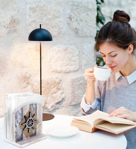 Silver Sea Nautical Wooden Napkin Holder - Table Top Centerpiece Coastal Decor for Kitchen, Home, Beach House, Rustic Decorative Napkin Holder with Boat Wheel - Color May Vary