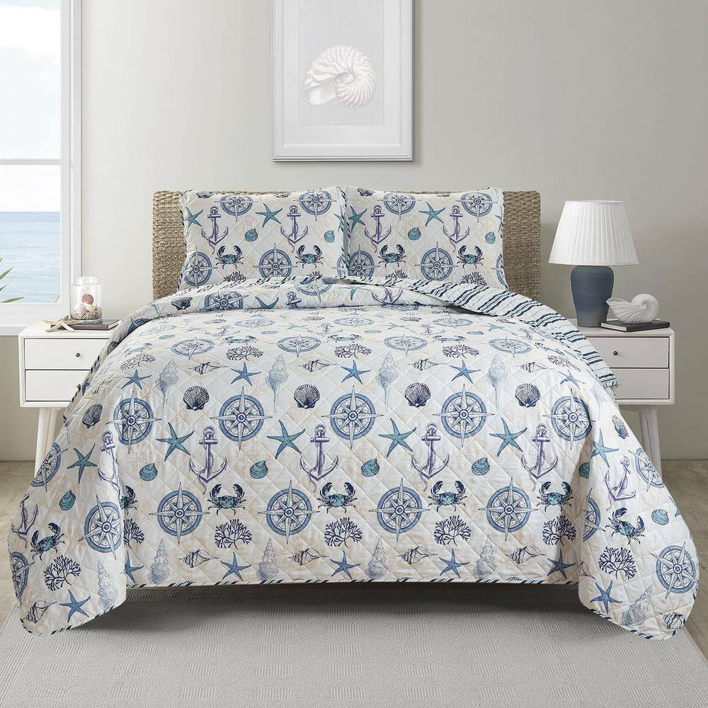 Multi-Colored Reversible Coastal Printed Twin Microfiber 2-Piece Quilt Set Bedspread