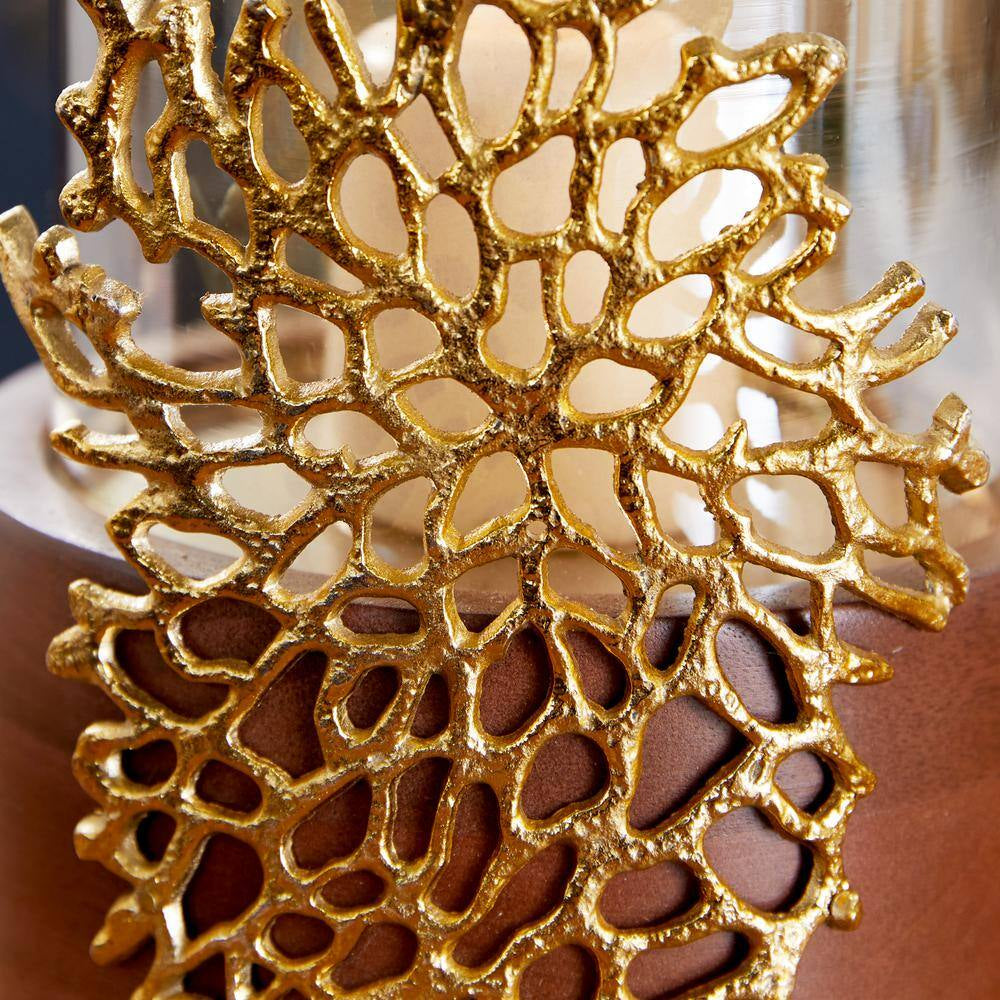 12 In. Smoked Beige Glass and Brown Mango Wood Hurricane Candle Holder with Gold Coral Accent