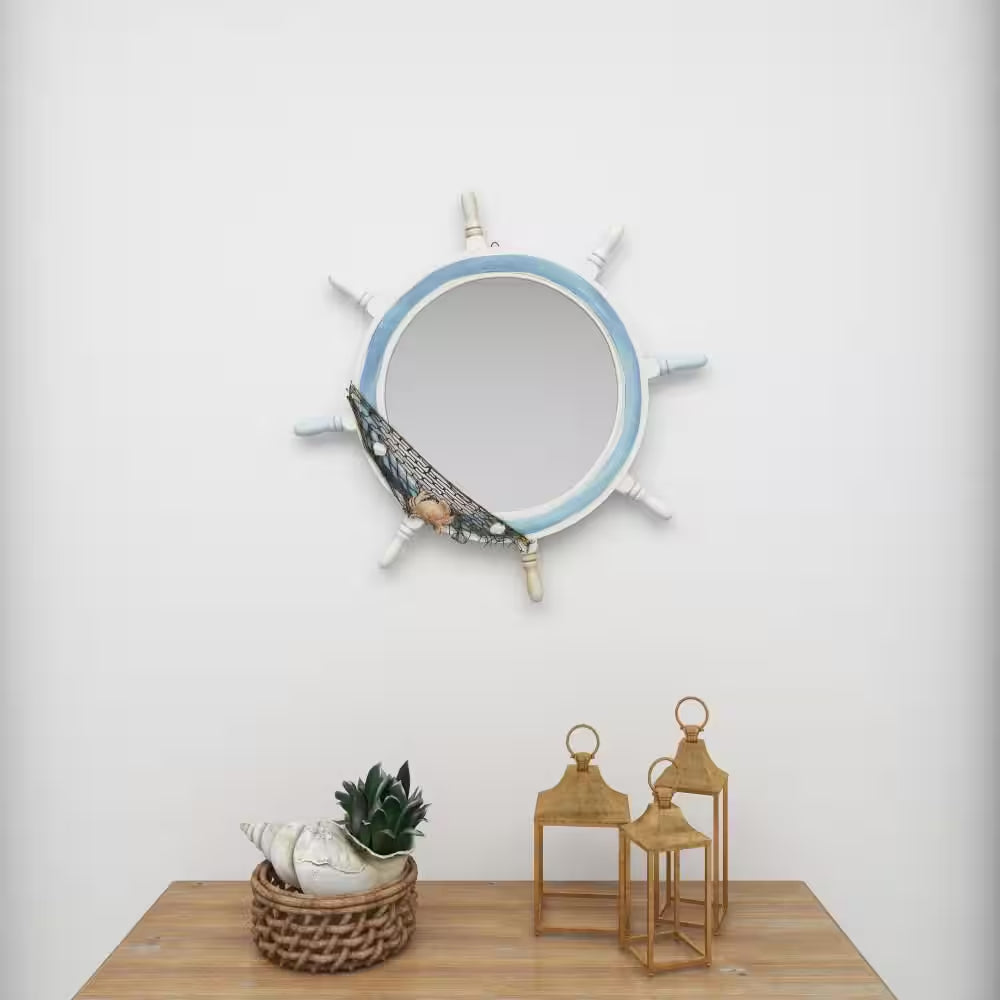 Ship Wheel round Framed White Sail Boat Wall Mirror with Netting Accent - 25 In. X 25 In.