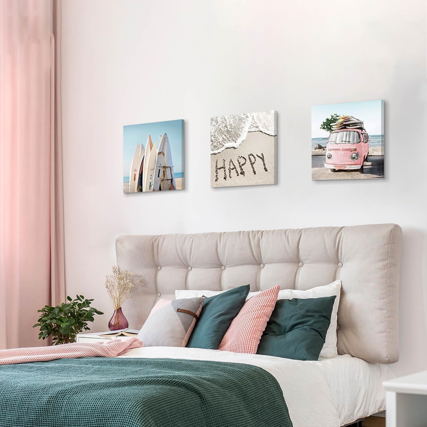 Beach Wall Decor Costal Canvas Wall Art Pictures Surfboards & Pink Car on Sand Artwork Canvas Painting for Living Room Seashell Beach Pictures Canvas Wall Art for Bathroom( 16” X 16'' X 3 Panels )