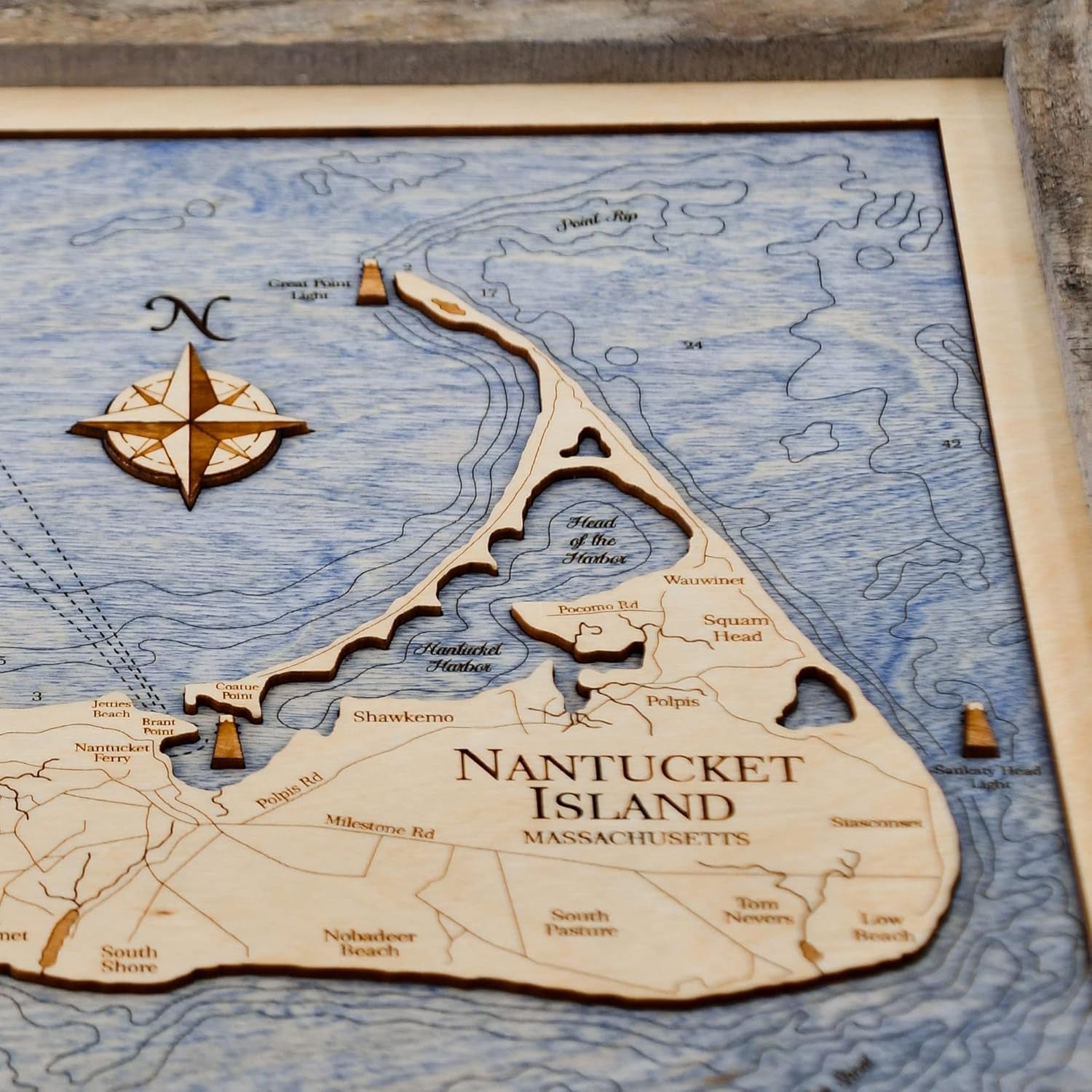 Nantucket and Martha's Vineyard 3D Wood Map Wall Art, 13X16-Inch Nautical Chart Wall Art, Nautical Wood Chart, Cottage Decor, Cape Cod Décor, Handcrafted in the USA (13X16-Inch Nantucket)
