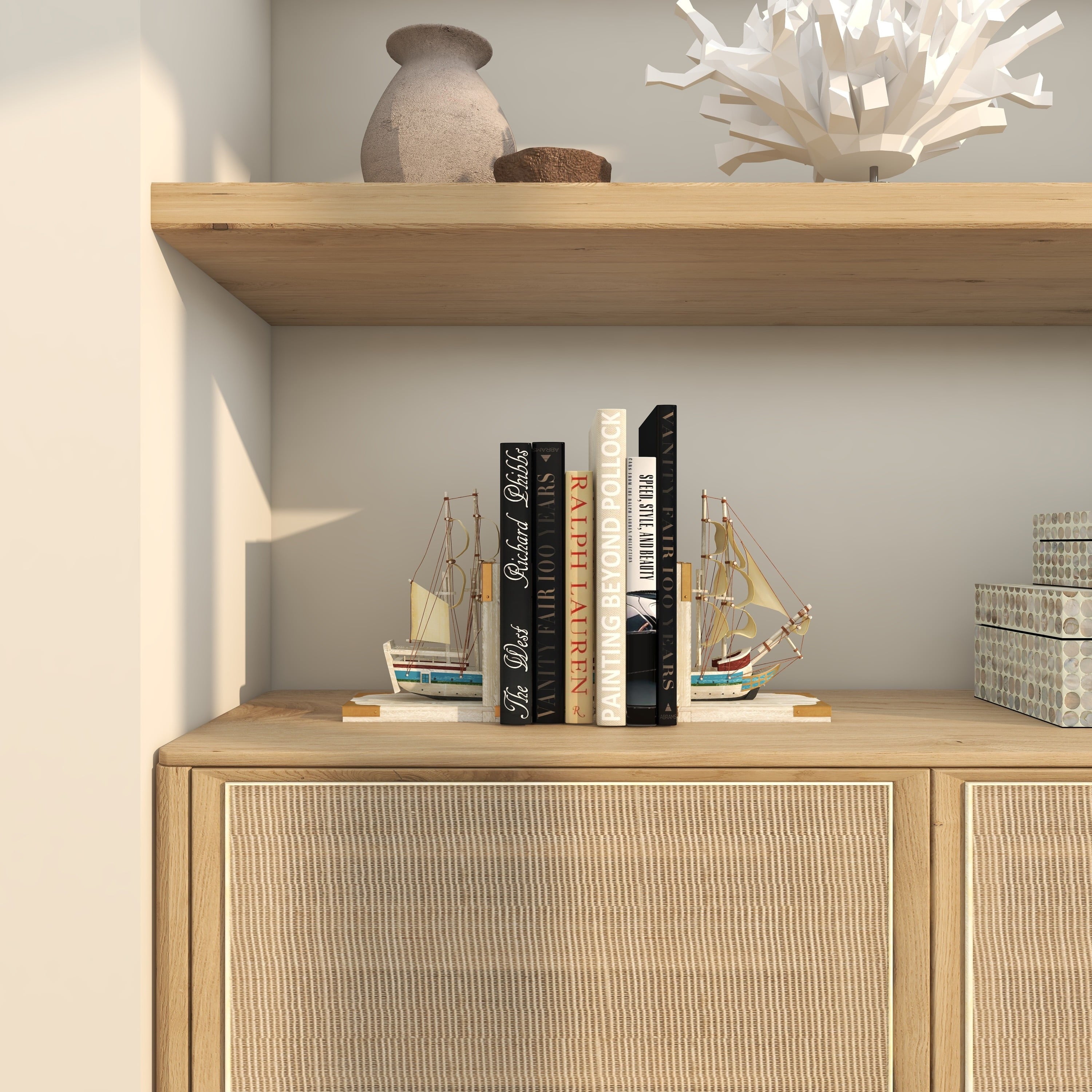 6" Sail Boat White Wood Bookends with Real Boat Rigging and Gold Corners (Set of 2)