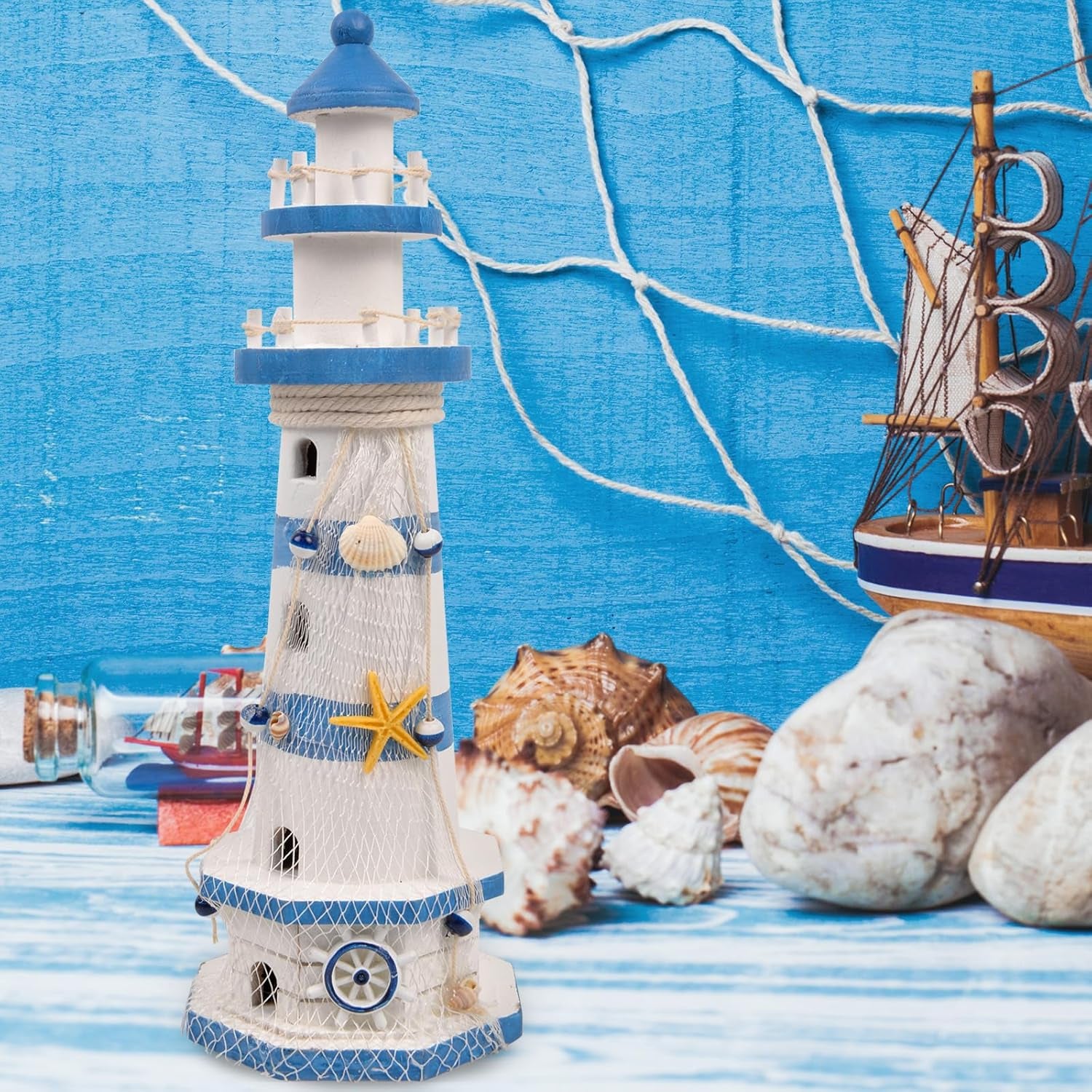 Nautical Ocean Lighthouse Decor for Home - 15.0" Nautical Lighthouse Decor, Mediterranean Sea Beach Style Watchtower, Outdoor Wooden Nautical Tower 