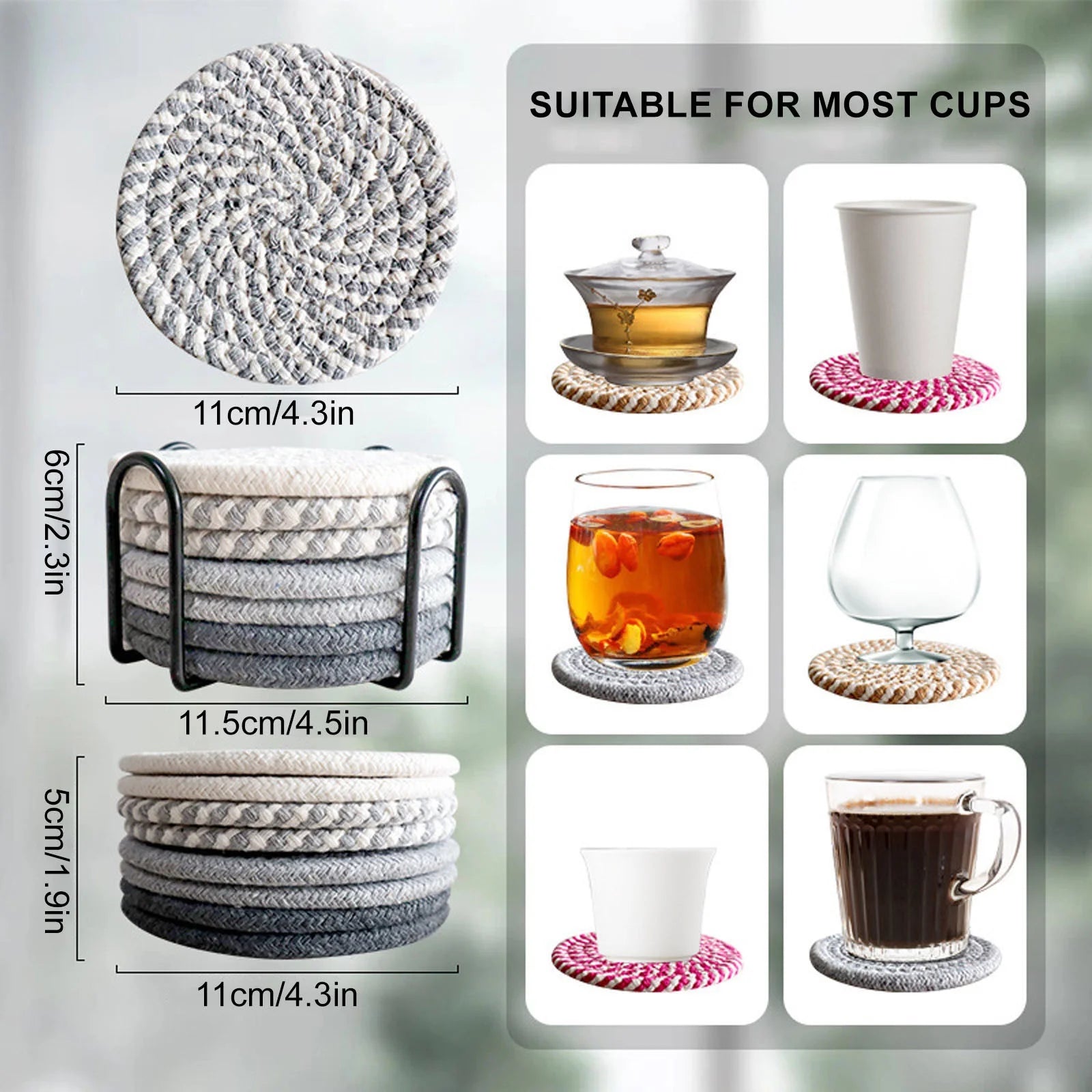 8 Pcs Drink Coasters with Holder, Minimalist Cotton Woven Coaster Set for Home Decor Tabletop Protection - 4.3 Inches
