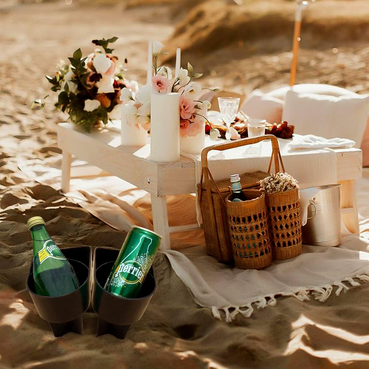 Beach Cup Holder with Pocket, Multi-Functional Sand Cup Holder for Beverage Phone Sunglasses Key, Beach Accessory Drink Sand Coaster, 2-Pack, Navy