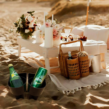 Beach Cup Holder with Pocket, Multi-Functional Sand Cup Holder for Beverage Phone Sunglasses Key, Beach Accessory Drink Sand Coaster, 2-Pack, Navy