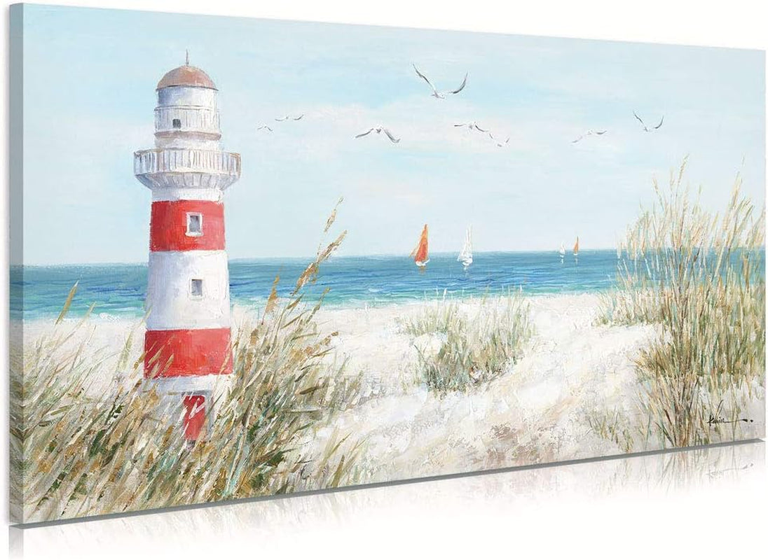 Lighthouse Canvas Wall Art for Home Bathroom Coastal Wall Lighthouse Art Seagull Themed Coastal Sailing Boat Wall Coastal Wall Decor Large Framed for Living Room Easy to Hang 40''X20''