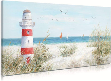 Lighthouse Canvas Wall Art for Home Bathroom Coastal Wall Lighthouse Art Seagull Themed Coastal Sailing Boat Wall Coastal Wall Decor Large Framed for Living Room Easy to Hang 40''X20''