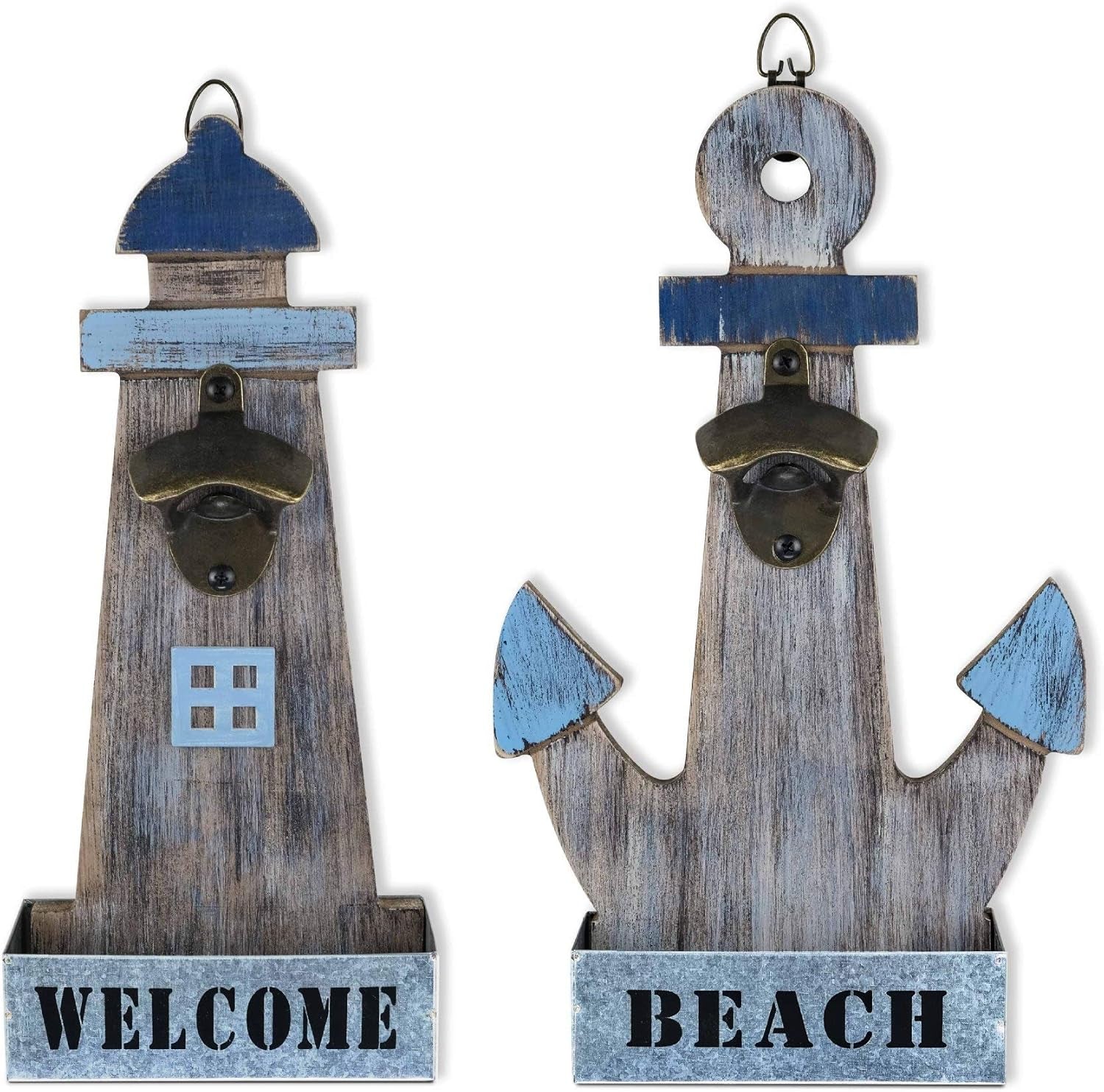 Beach Decor Bottle Opener Wall Mounted with Catcher, Beer Opener and Welcome Sign Set of 2 Pack