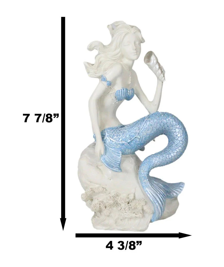 Ocean Goddess Pretty Mermaid with Blue Tail Holding Conch 8"Tall Figurine