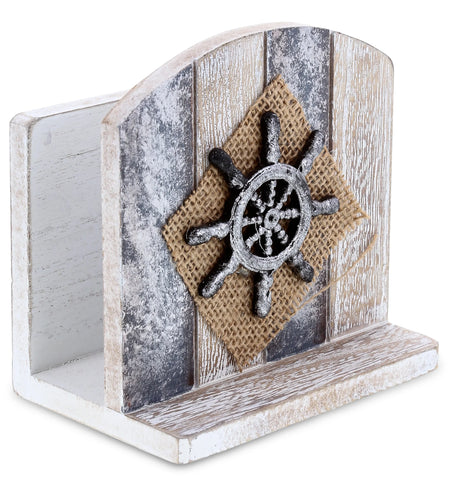 Silver Sea Nautical Wooden Napkin Holder - Table Top Centerpiece Coastal Decor for Kitchen, Home, Beach House, Rustic Decorative Napkin Holder with Boat Wheel - Color May Vary