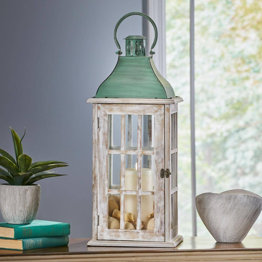 Coastal Handcrafted Mango Wood Decorative Lantern, White Wash/Green Pat