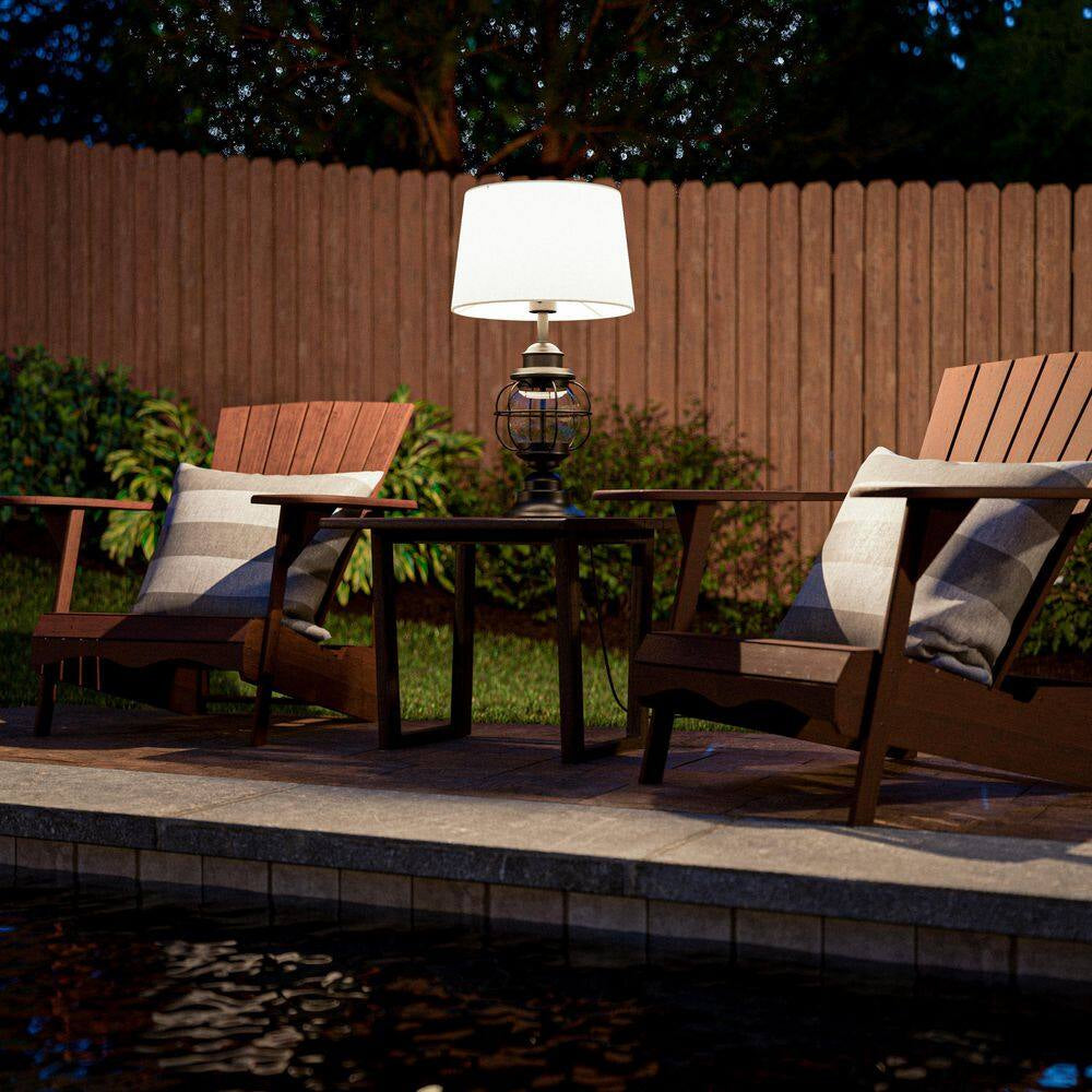 Summerwalk 28 In. Black Outdoor/Indoor Table Lamp with Off-White Fabric Shade