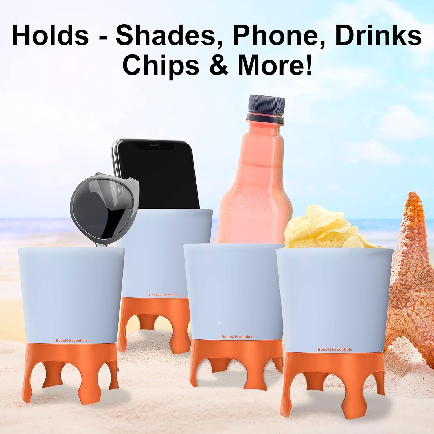 Beach Drink Cup Holder - Sand Coaster for Beverage Bottle and Glass - Perfect to Hold Drinks, Snack, Phone, Key or Sunglasses (Orange, 4 Pack)