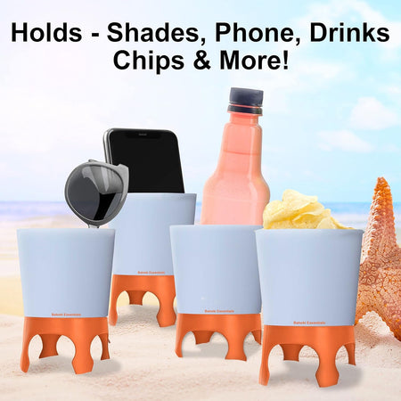 Beach Drink Cup Holder - Sand Coaster for Beverage Bottle and Glass - Perfect to Hold Drinks, Snack, Phone, Key or Sunglasses (Orange, 4 Pack)