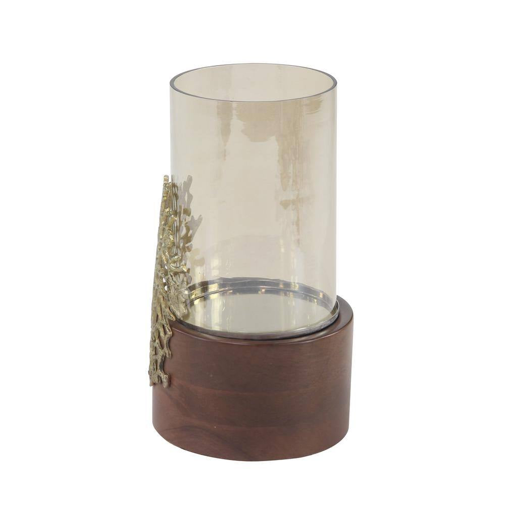 12 In. Smoked Beige Glass and Brown Mango Wood Hurricane Candle Holder with Gold Coral Accent