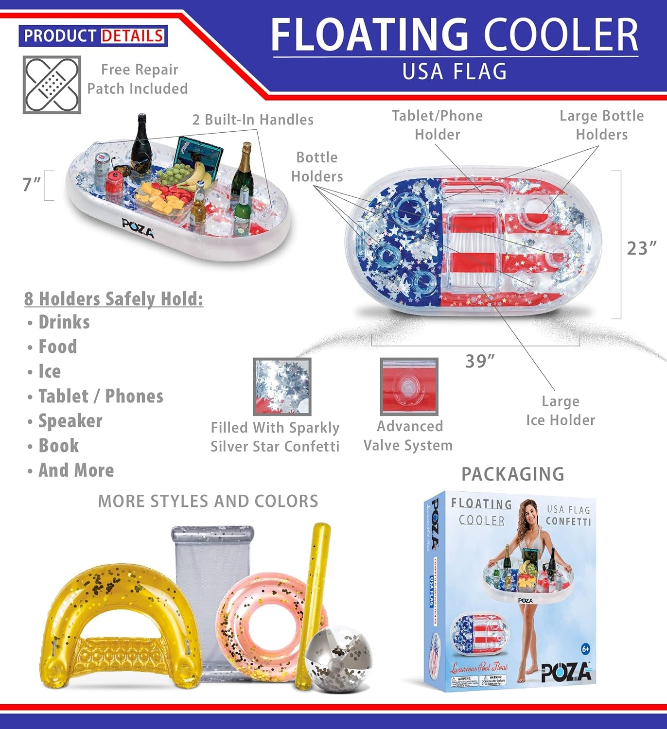 Inflatable USA Pool Float - Luxurious Fun Lounger Filled with Sparkle Silver Stars Confetti, Cool USA Flag Design Water Swimming Pool Floaties for Beach, Lake & Pool