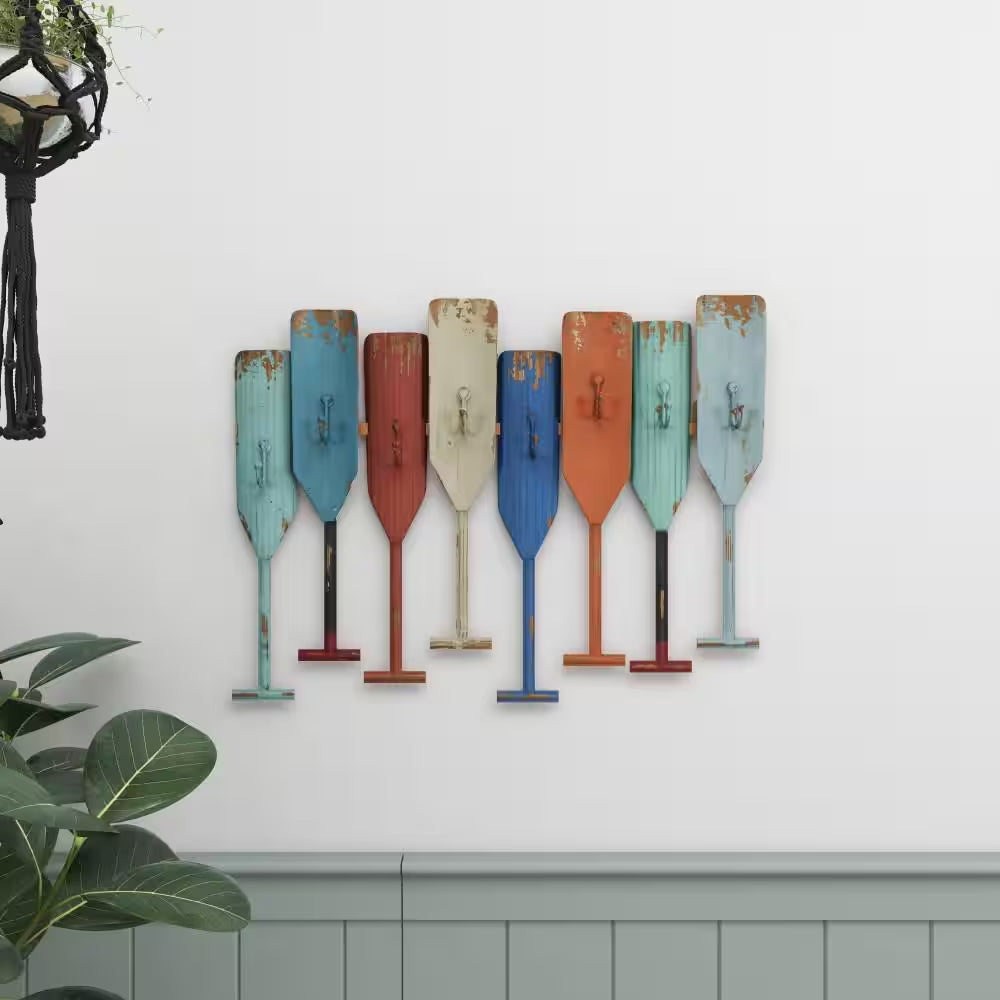 Multi Colored Indoor Outdoor Distressed Oar Shaped 8 Hanger Paddle Wall Hook