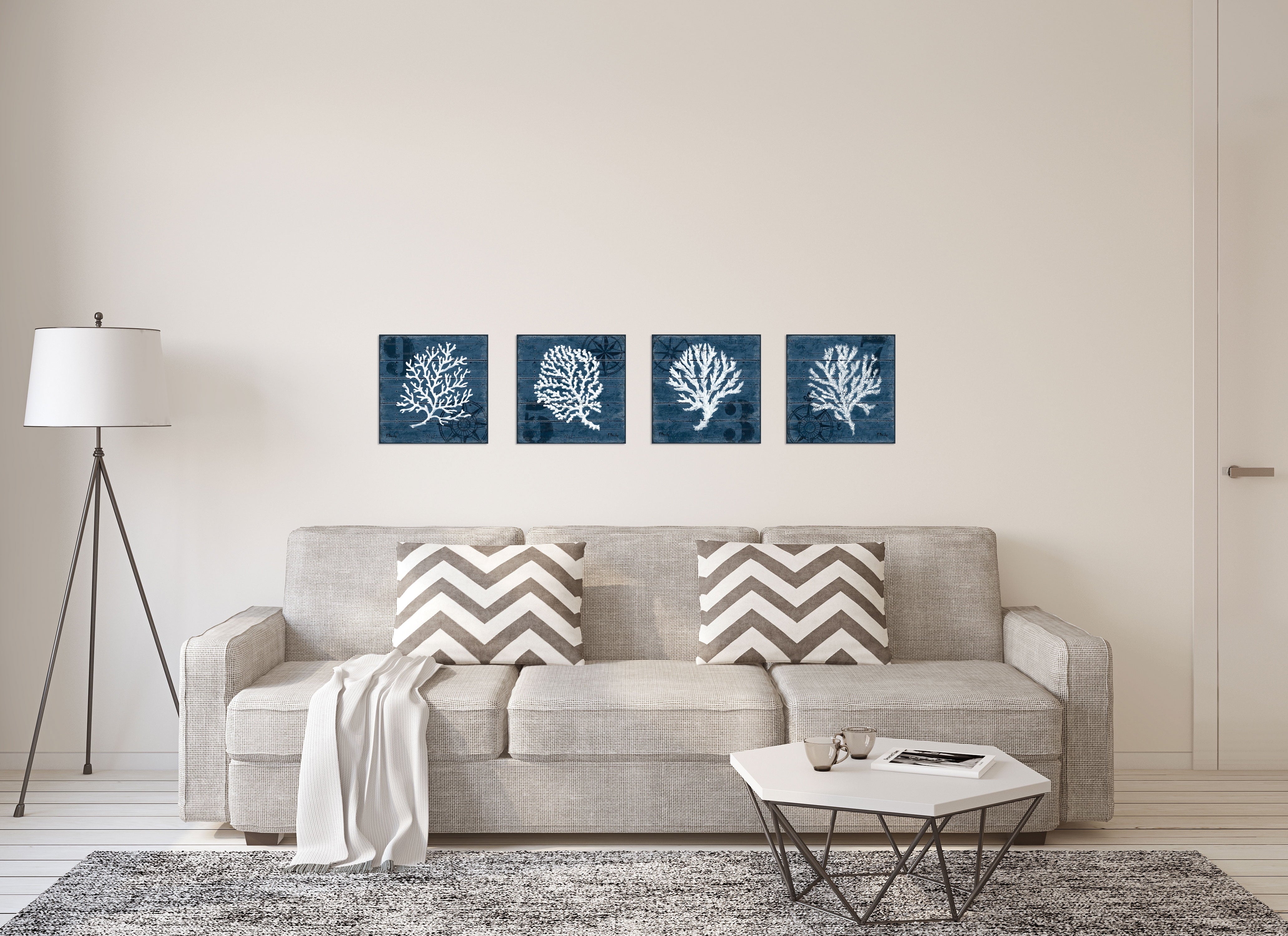 Nautical Blue Coral Nautical Signs Adult Coastal Decor; 4- 12" X 12" Unframed Prints