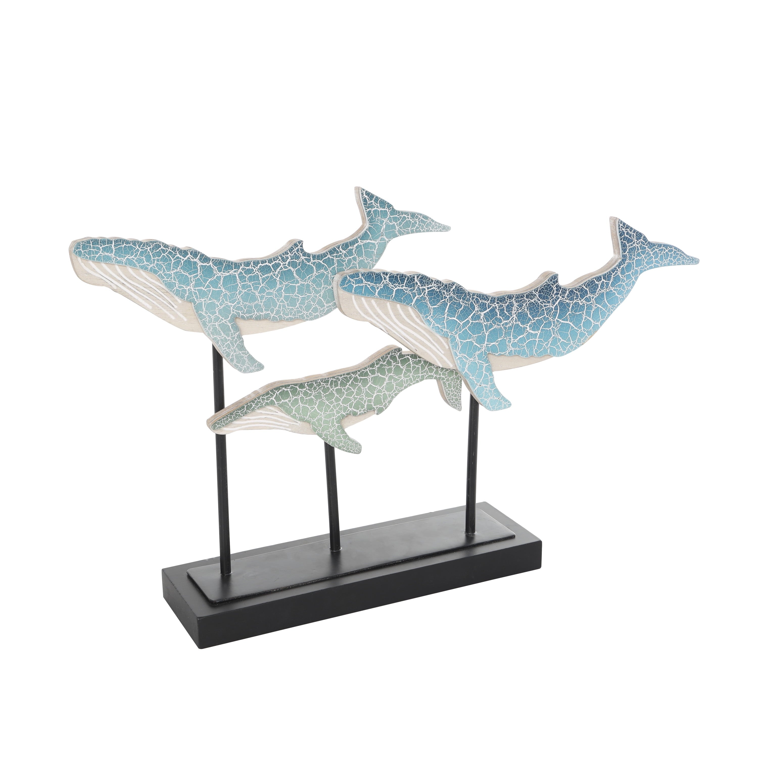 Blue Wooden Textured Whale Sculpture with Black Metal Stand - 20" X 12"