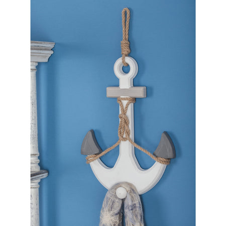 White Wooden Anchor Wall Decor with Hanging Rope