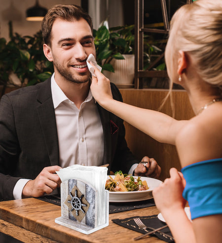 Silver Sea Nautical Wooden Napkin Holder - Table Top Centerpiece Coastal Decor for Kitchen, Home, Beach House, Rustic Decorative Napkin Holder with Boat Wheel - Color May Vary