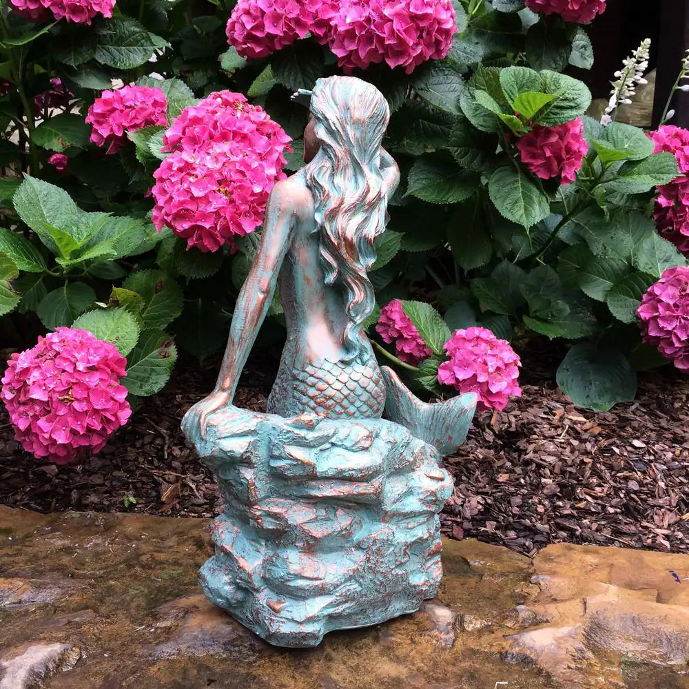 22 In. Classic Mermaid Bronze Patina Sitting on Coastal Rock Beach Collectible Statue