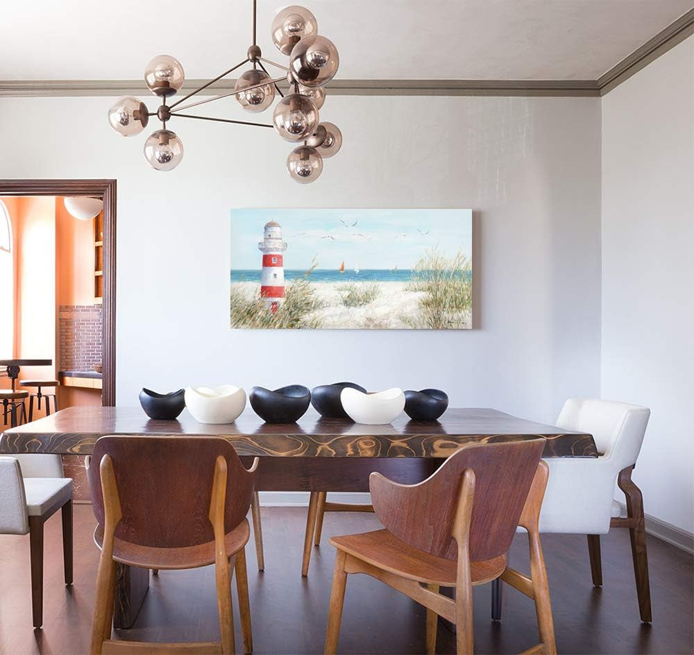 Lighthouse Canvas Wall Art for Home Bathroom Coastal Wall Lighthouse Art Seagull Themed Coastal Sailing Boat Wall Coastal Wall Decor Large Framed for Living Room Easy to Hang 40''X20''