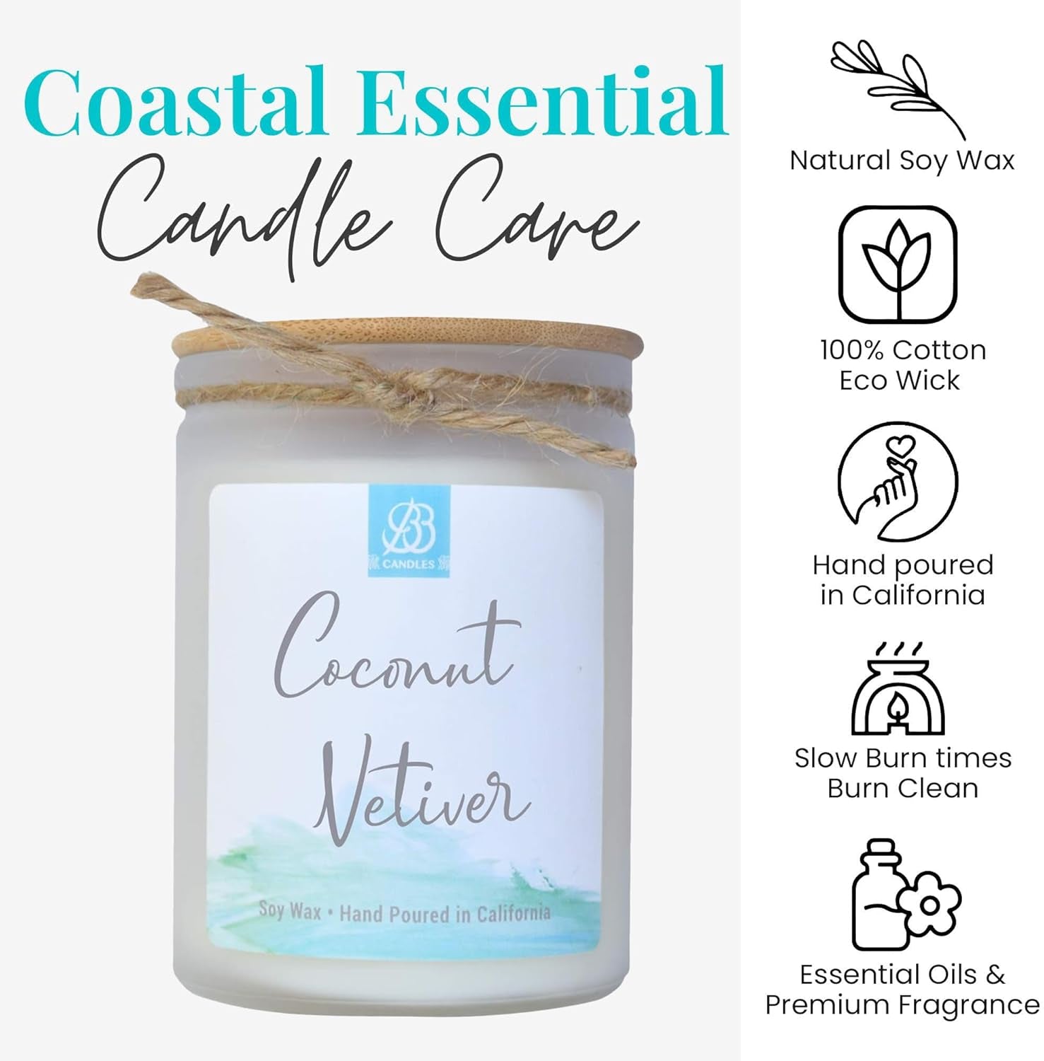 Coastal Essentials Natural Soy Hand Poured Candle, Coconut Vetiver Scent, Fragrant Coastal Candle with Strong Scents, Artisan Candle, 12Oz, 90+ Hours Burn Time