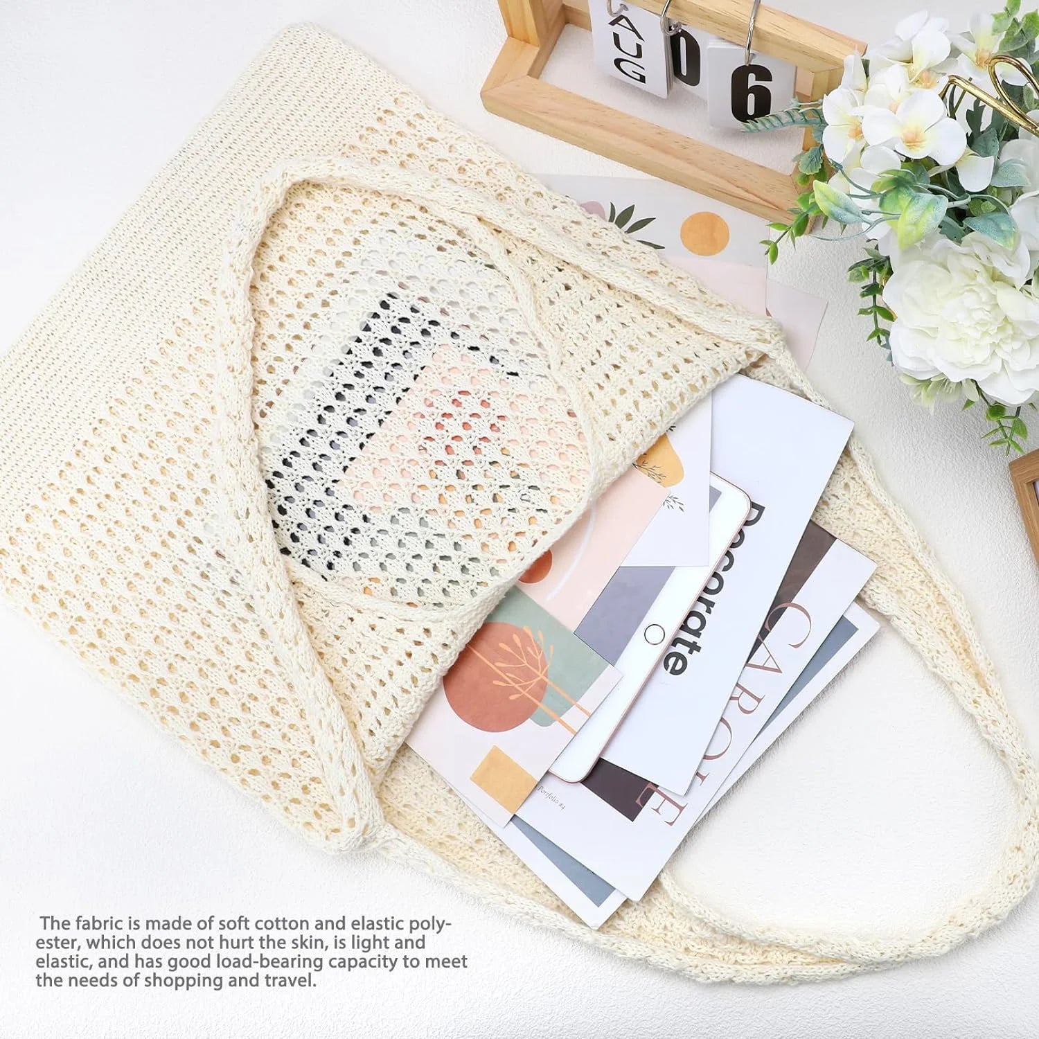 Crochet Bag for Women, Crochet Tote Summer Bag Mesh Large Shoulder Bag (Beige 14 X 10 X 26.5In)
