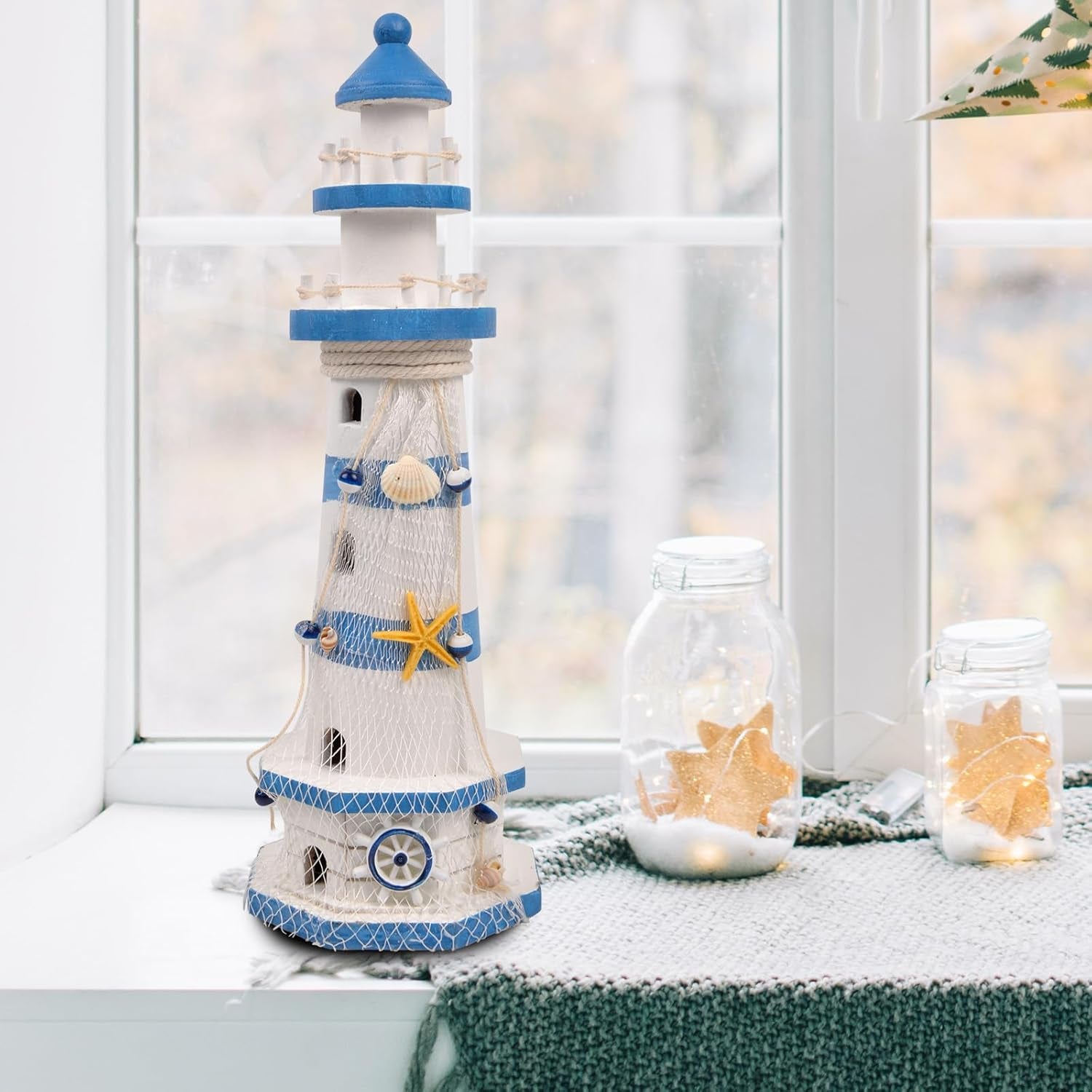 Nautical Ocean Lighthouse Decor for Home - 15.0" Nautical Lighthouse Decor, Mediterranean Sea Beach Style Watchtower, Outdoor Wooden Nautical Tower 