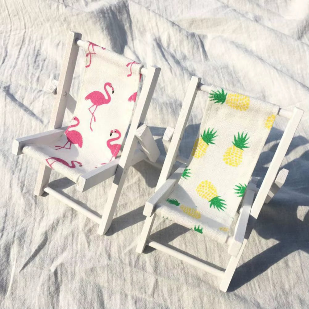 Pink Flamingo Pineapple Pattern Wooden Mini Beach Chair Desktop Figurines Miniatures Home Decor