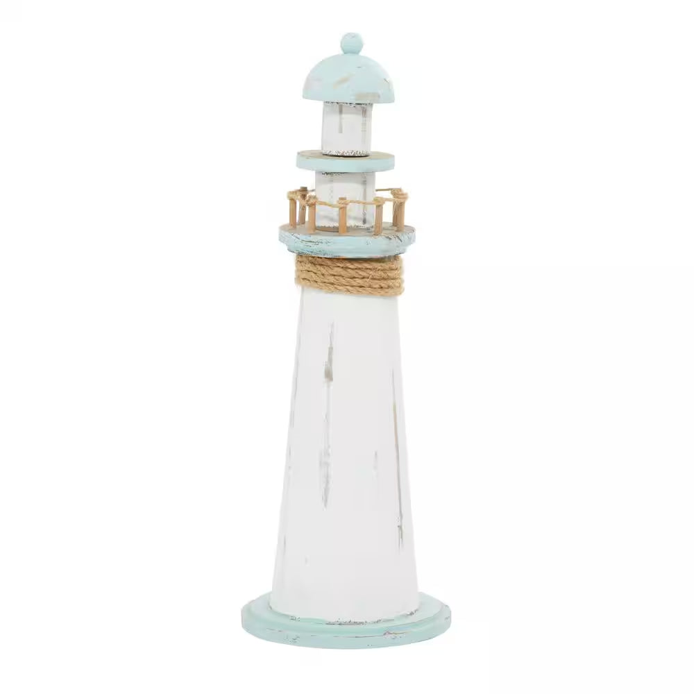 White Wood Light House Sculpture - 6 In. X 15 In. 
