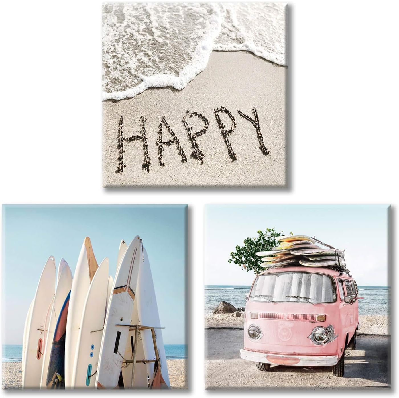 Beach Wall Decor Costal Canvas Wall Art Pictures Surfboards & Pink Car on Sand Artwork Canvas Painting for Living Room Seashell Beach Pictures Canvas Wall Art for Bathroom( 16” X 16'' X 3 Panels )