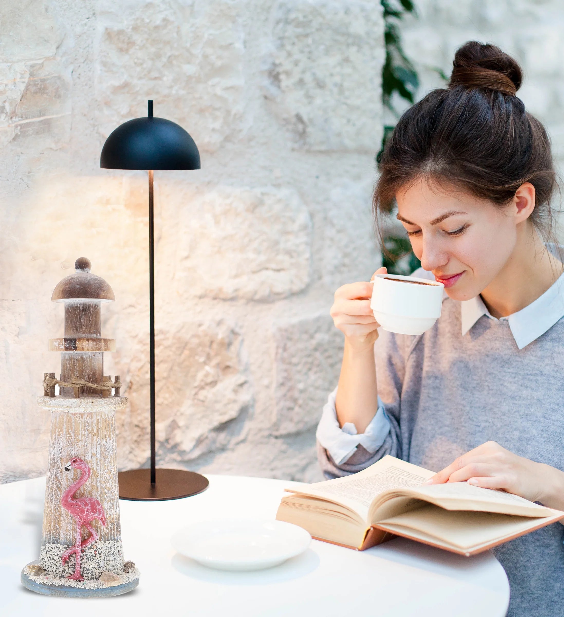 Flamingo Beach Lighthouse Decor - Handmade and Crafted Wooden Lighthouse Decoration with Sea Shells, Decorative Beach Style Tabletop Centerpiece - 8.5 Inch