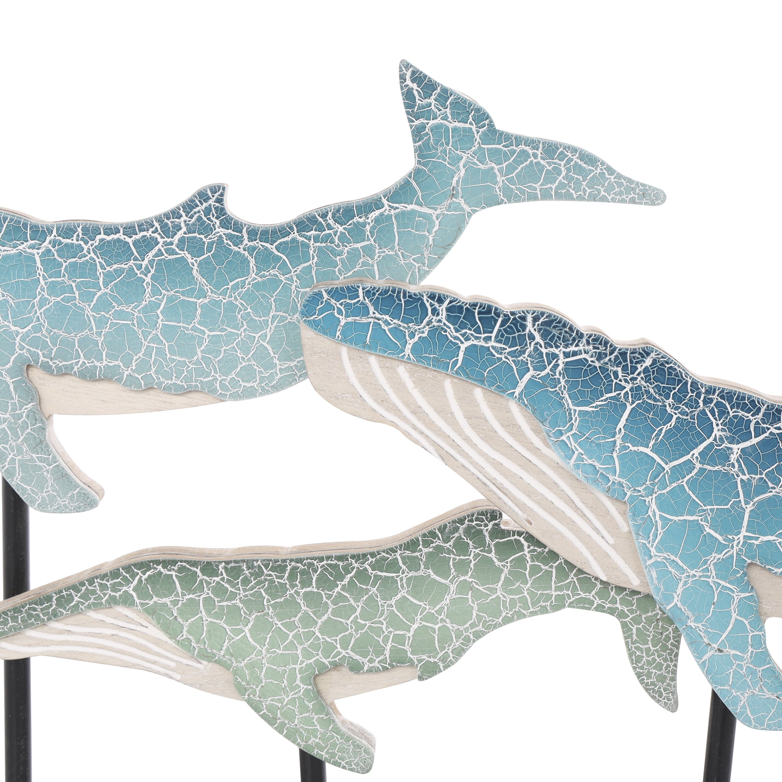 Blue Wooden Textured Whale Sculpture with Black Metal Stand - 20" X 12"