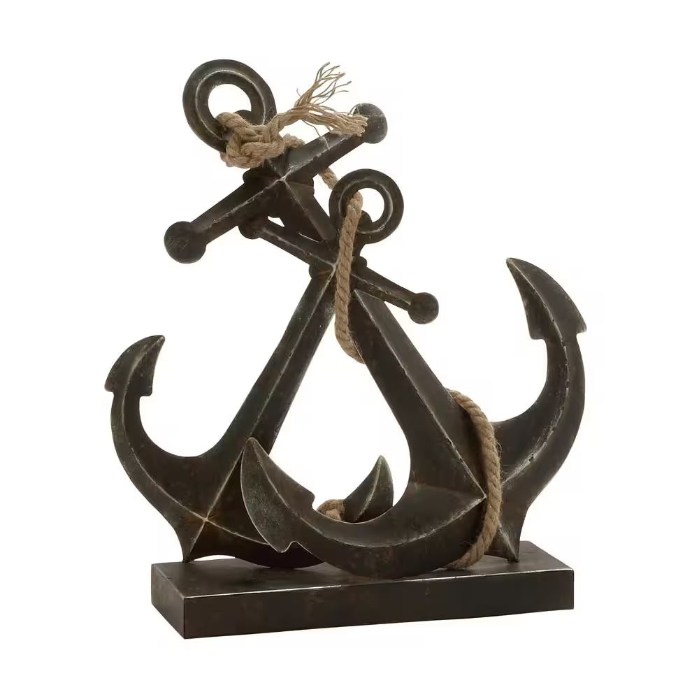 5 In. X 16 In. Black Metal Anchor Sculpture with Jute Rope Accents