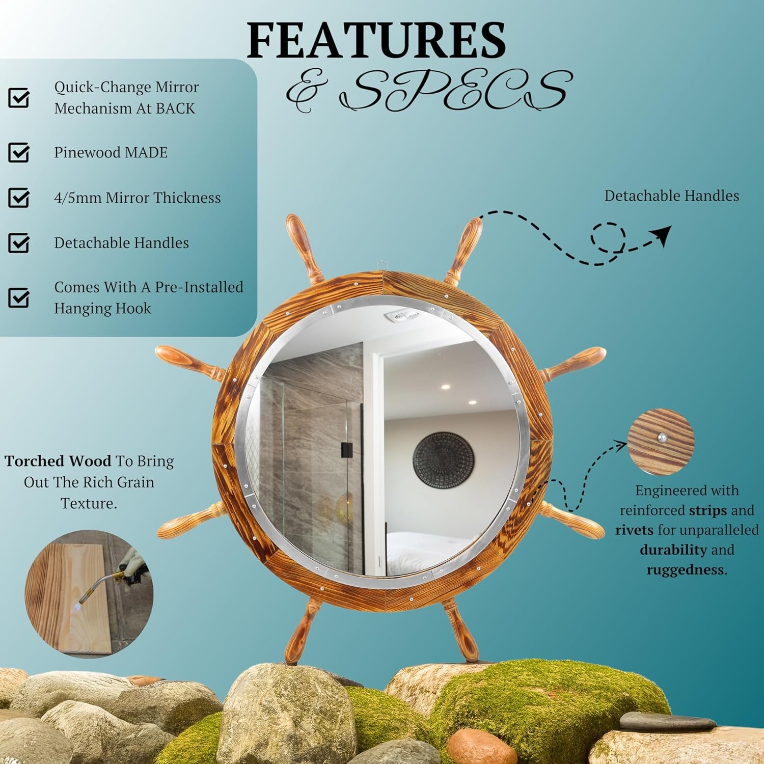 Wooden Antique Brown Torched Santorini Beautiful Nautical Sturdy Large Mirror Ship Wheel | Bathroom & Room Wall Mounted Mirrors (24 Inches)