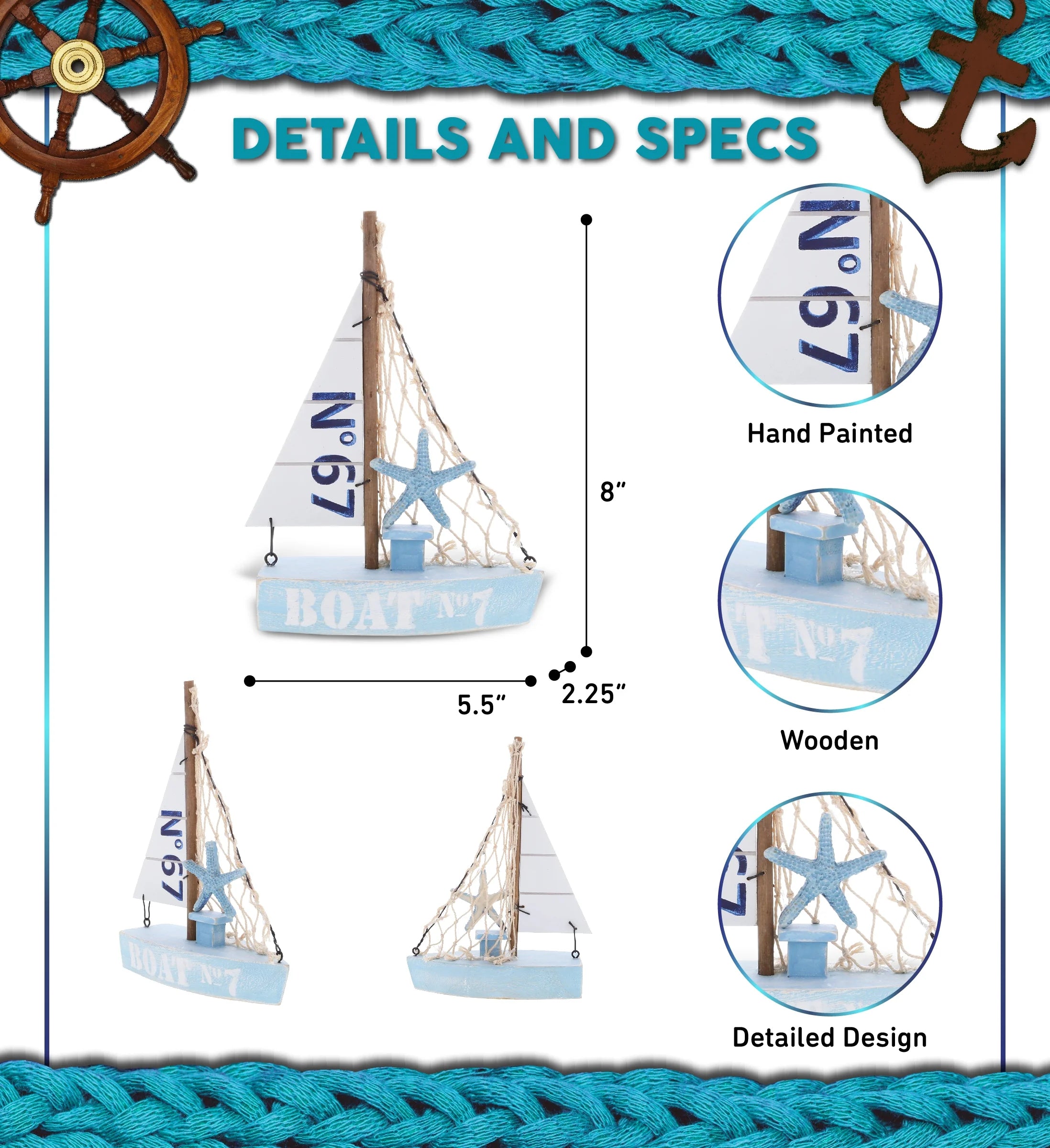 Blue Sailboat Decor – Handmade Wooden Boat Decor, Beach Style Model Sail Boat Decorations, Nautical Themed Table Top Decor Living Room Centerpiece - 8 Inch