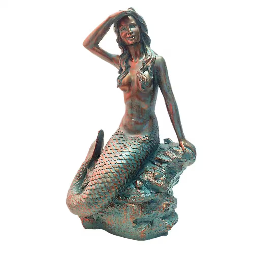 22 In. Classic Mermaid Bronze Patina Sitting on Coastal Rock Beach Collectible Statue