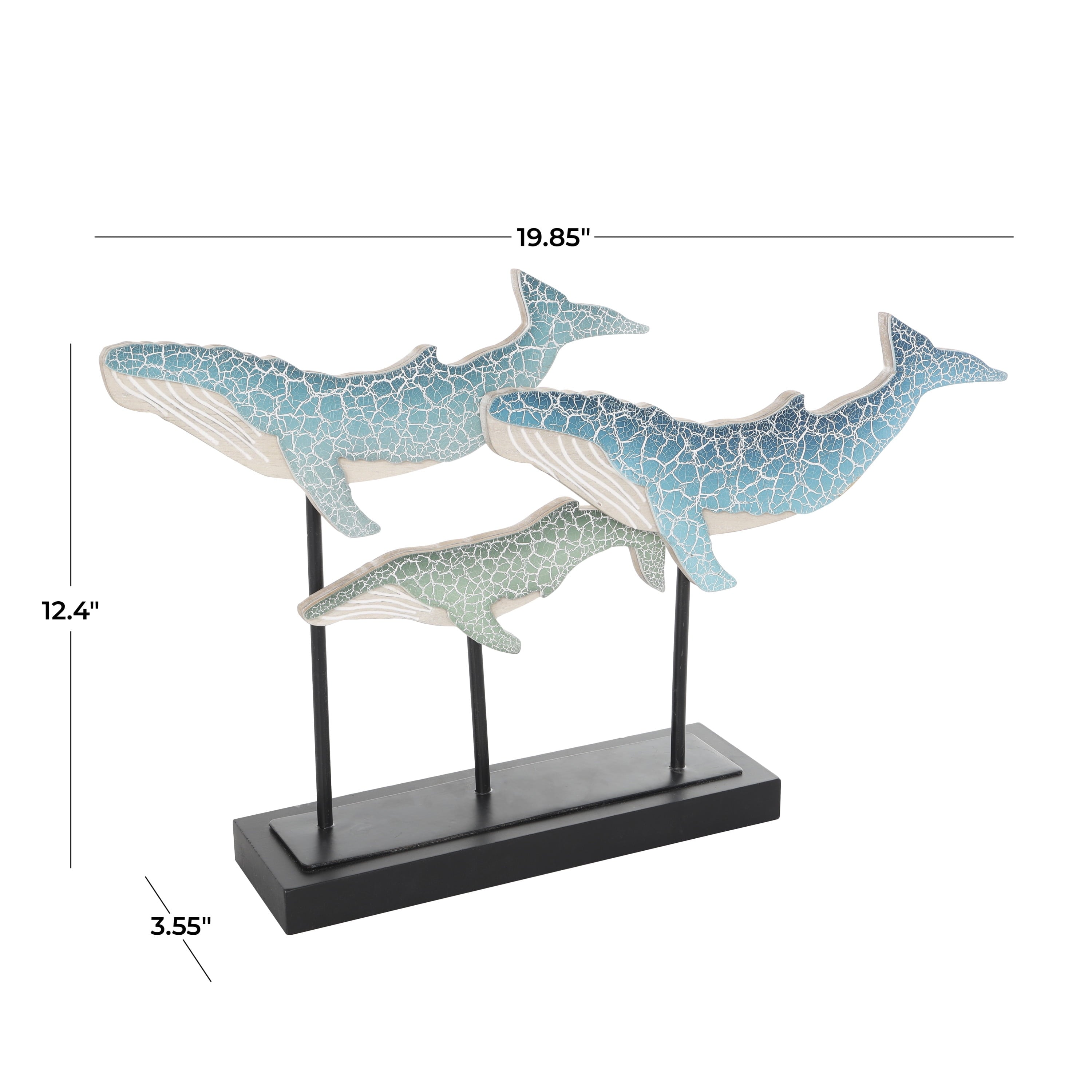 Blue Wooden Textured Whale Sculpture with Black Metal Stand - 20" X 12"