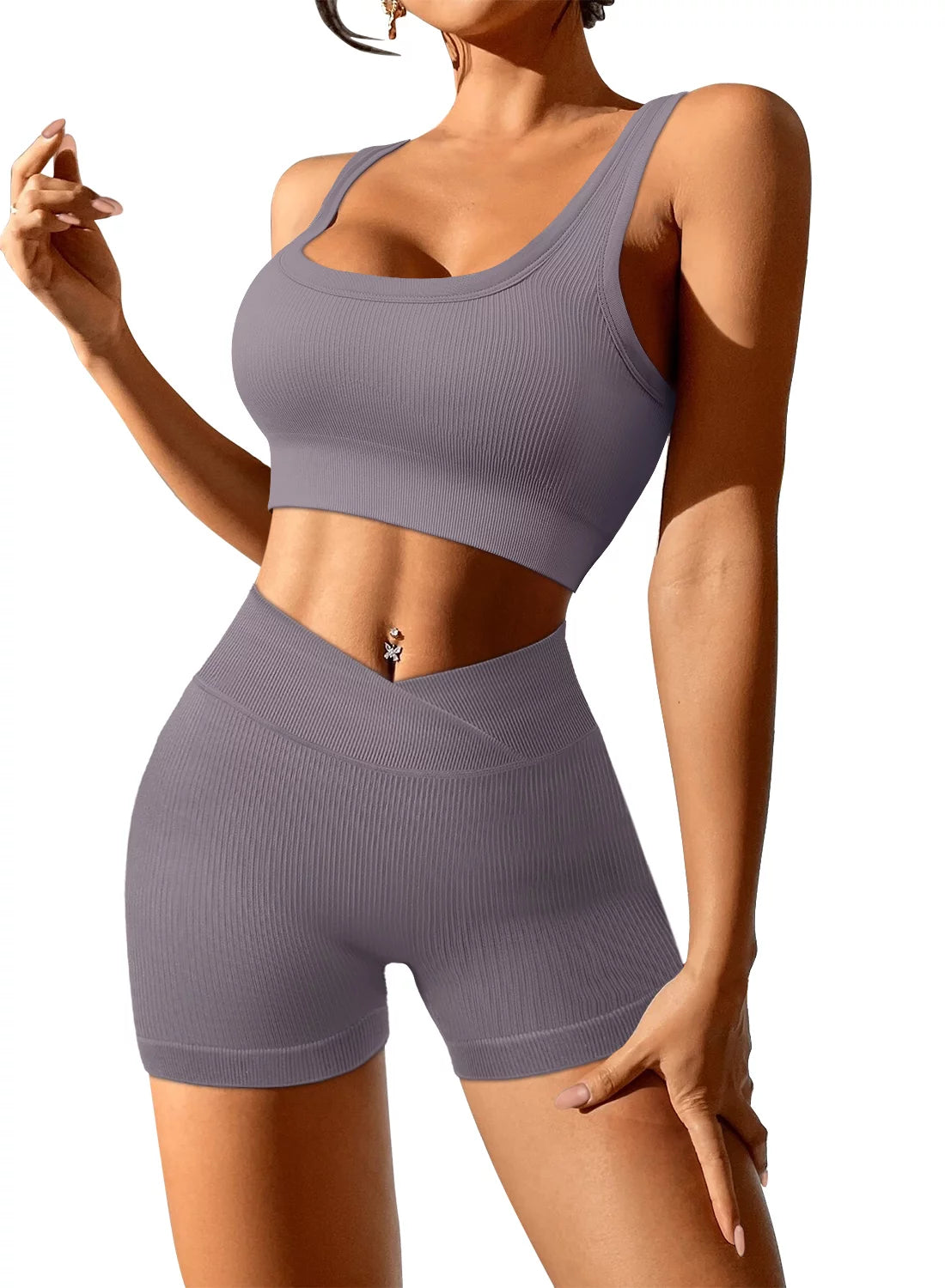 Women 2 Piece Outfits Workout Set Seamless Sport Butt Lifting Shorts Gym Yoga Booty Short Crop Tank Top