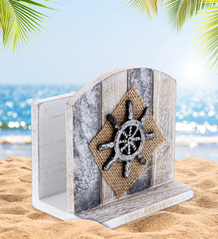 Silver Sea Nautical Wooden Napkin Holder - Table Top Centerpiece Coastal Decor for Kitchen, Home, Beach House, Rustic Decorative Napkin Holder with Boat Wheel - Color May Vary