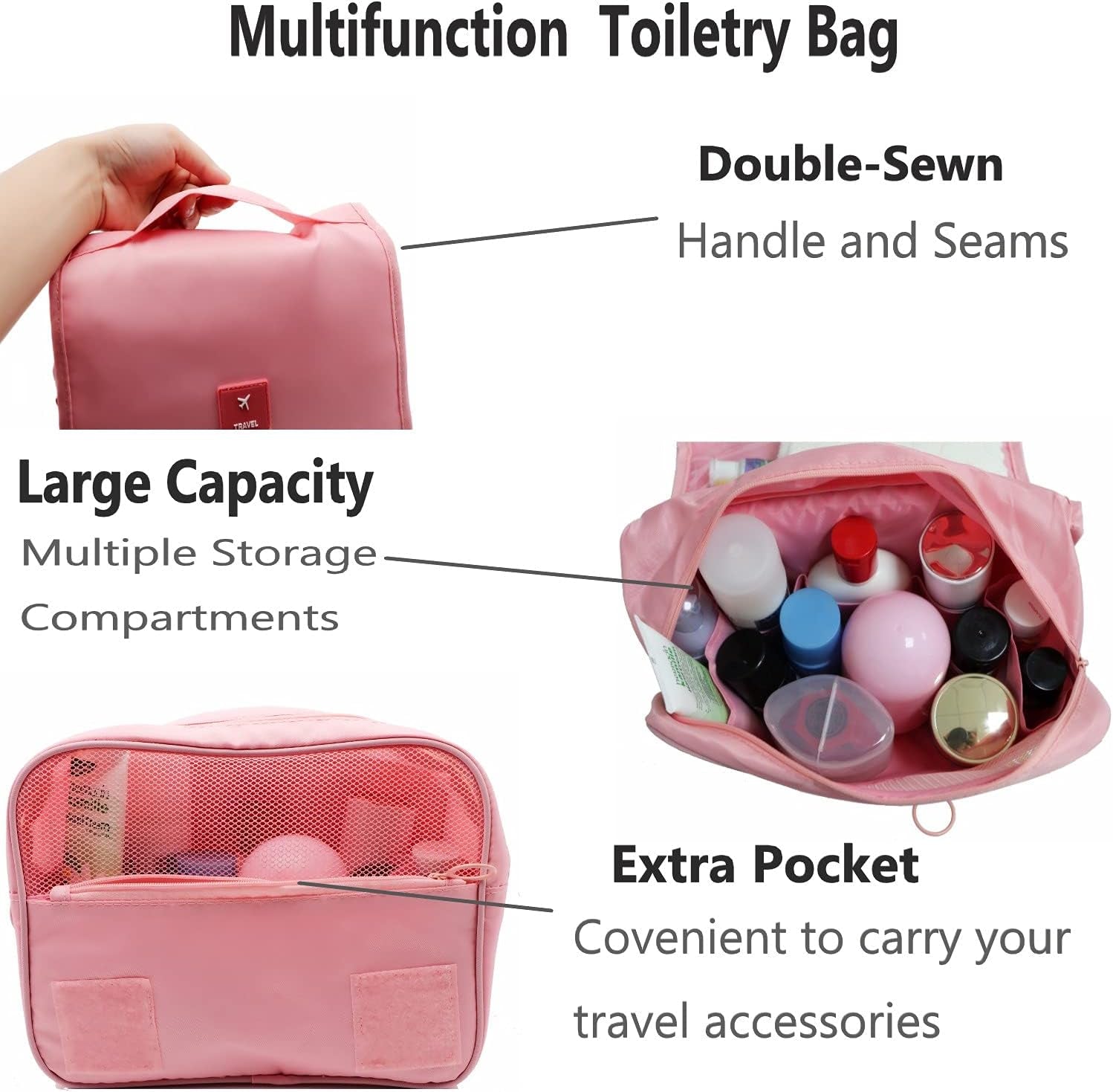 Hanging Toiletry Bag - Large Cosmetic Makeup Travel Organizer for Men & Women with Sturdy Hook (Pink)