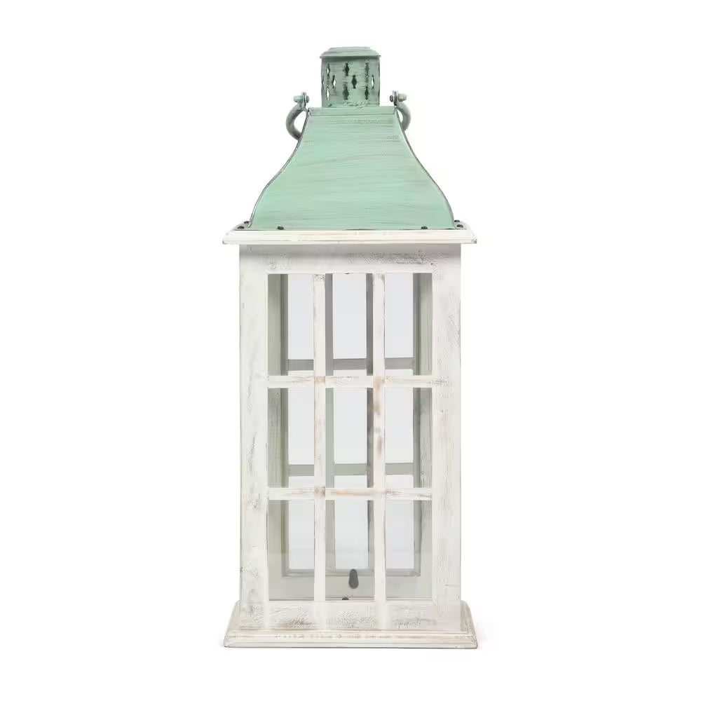 Coastal Handcrafted Mango Wood Decorative Lantern, White Wash/Green Pat